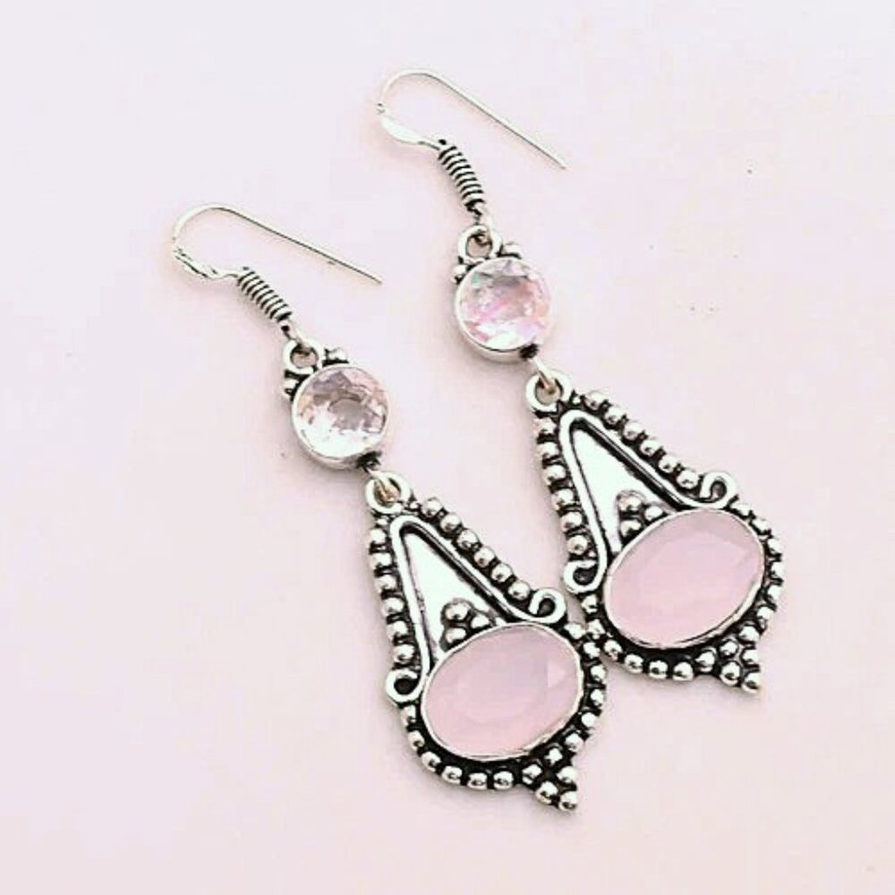 Rose Chalcedony White Topaz Sterling Silver Drop Dangle Earrings